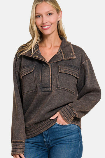 Zenana Acid Washed Half Snap Fleece Sweatshirt - Hovatok