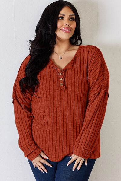 Basic Bae Full Size Ribbed Half Button Long Sleeve T-Shirt - Hovatok