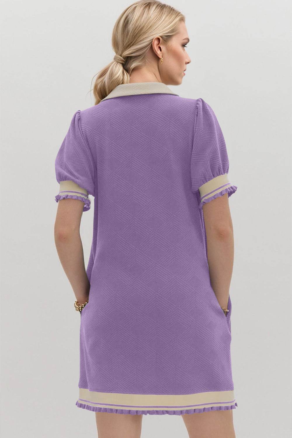 Oh Frill Contrast Trim Johnny Collar Short Sleeve Mini Dress - Hovatok