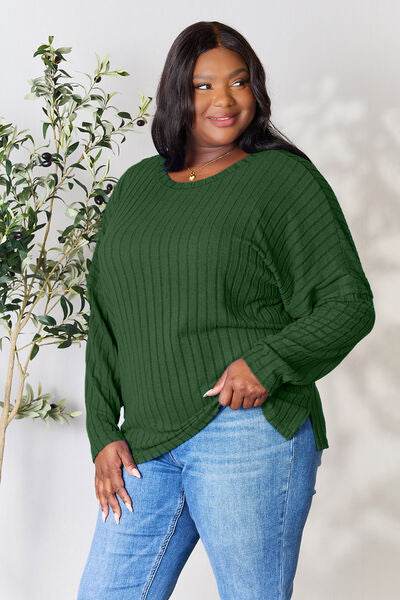 Basic Bae Full Size Ribbed Round Neck Slit Knit Top - Hovatok