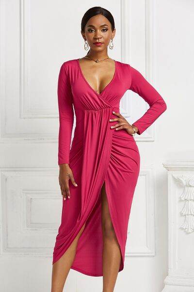 High-low Ruched Surplice Long Sleeve Dress - Hovatok