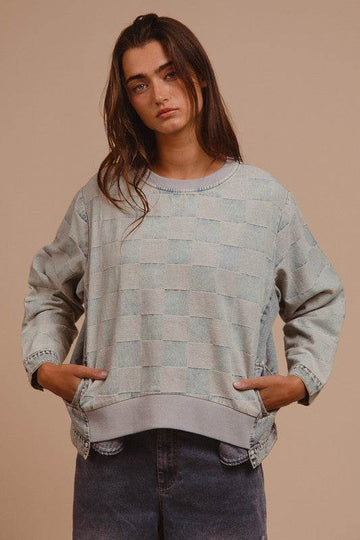 BiBi Mineral Washed Checkered Round Neck Denim Top - Hovatok