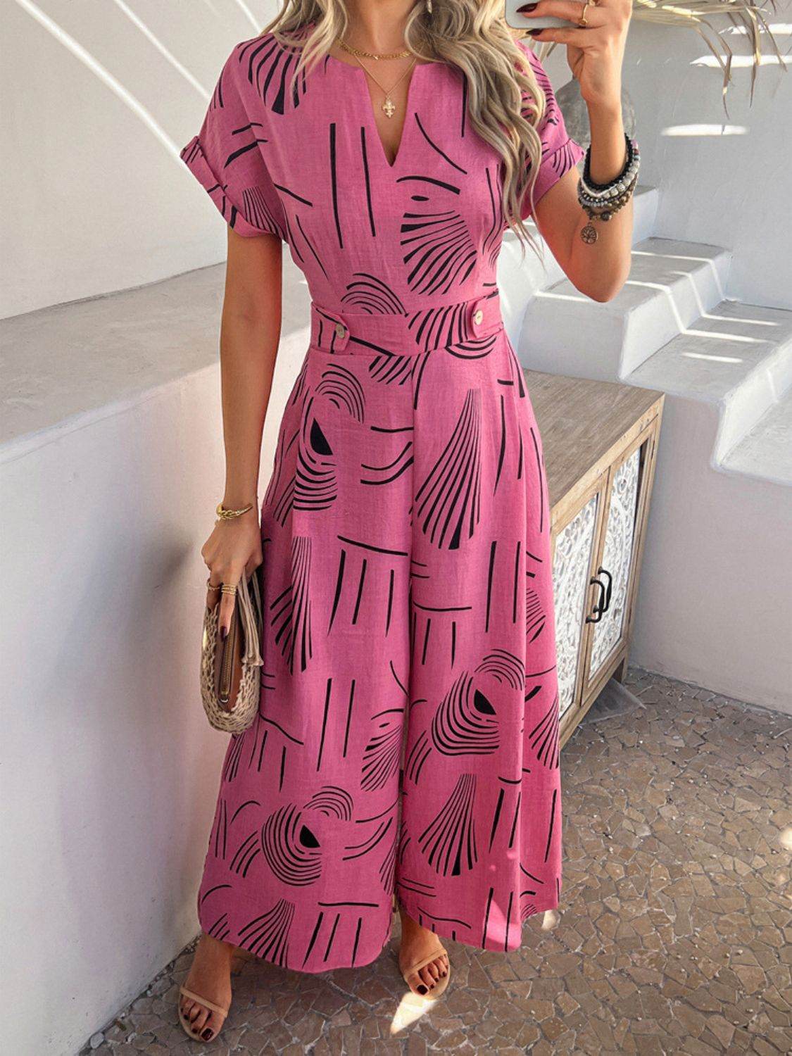Devine Printed Notched Short Sleeve Wide Leg Jumpsuit - Hovatok