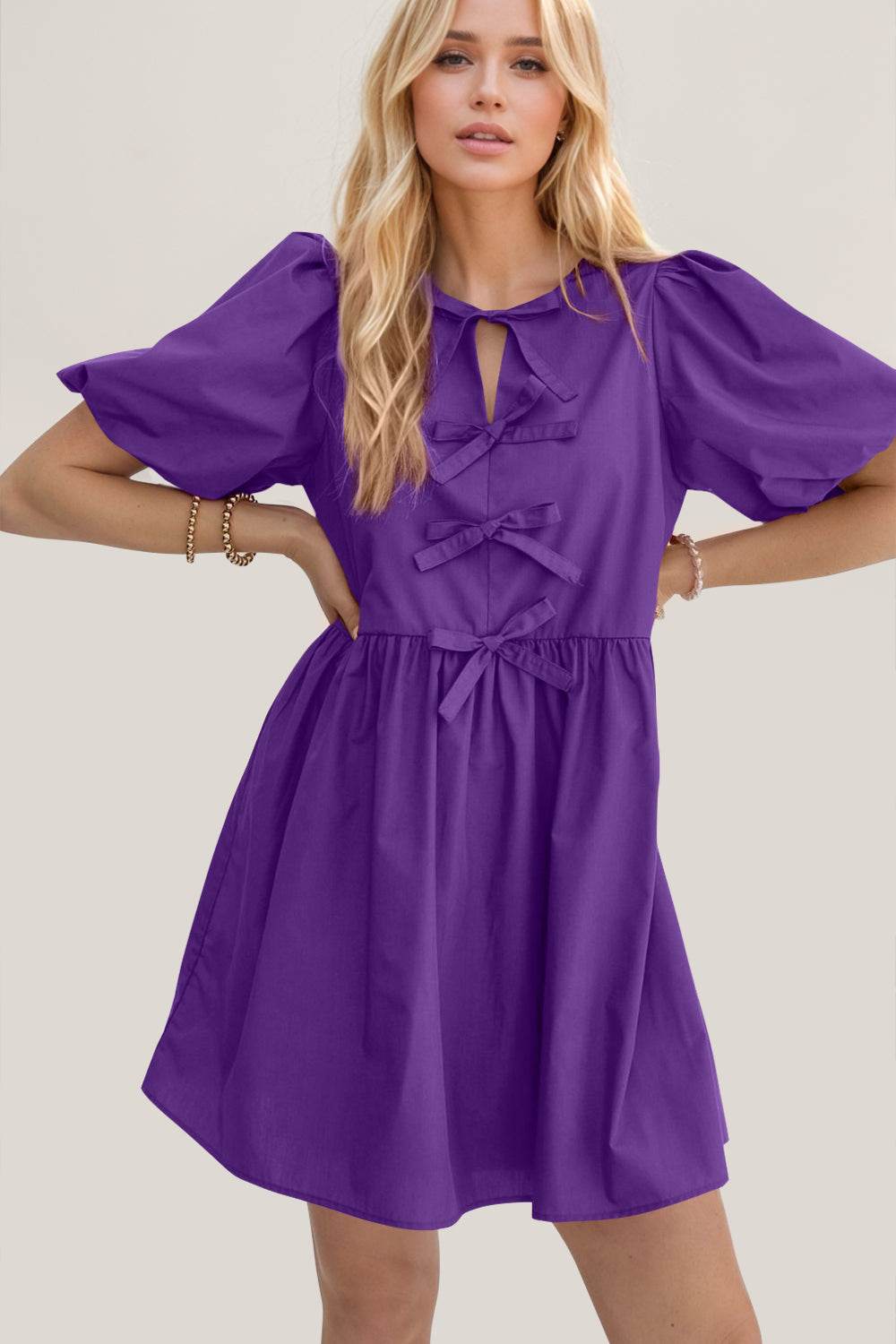 Oh Bow Ruched Puff Sleeve Mini Dress - Hovatok
