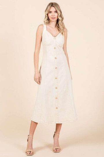 Mittoshop Stretch Twill Decor Button Sleeveless Midi Dress - Hovatok