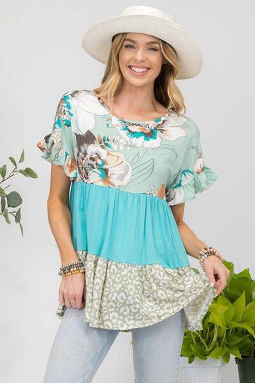 Celeste Printed Color Block Ruffled Short Sleeve Top - Hovatok