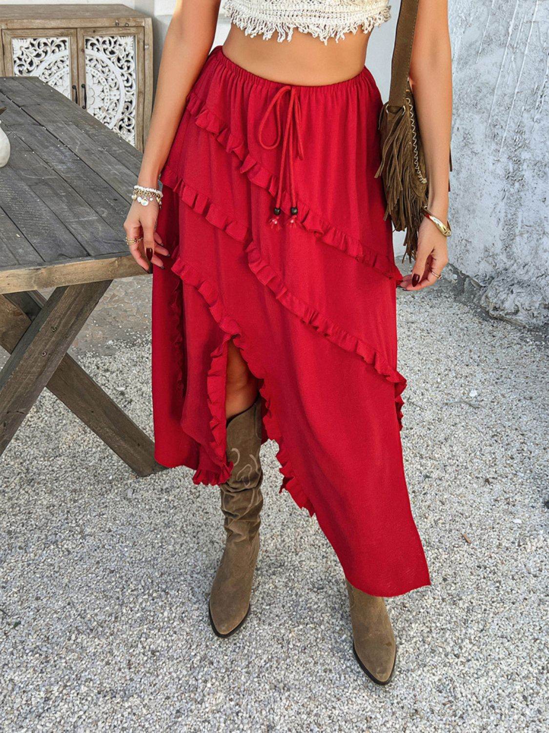 Devine Slit Drawstring Ruffled Skirt - Hovatok