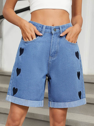 Heart-Pattern Rolled Hem Denim Shorts - Hovatok