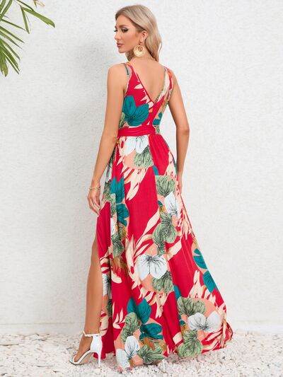Slit Tied Printed Surplice Dress - Hovatok