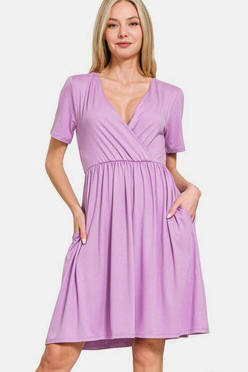 Zenana Surplice Short Sleeve Brushed DTY Dress - Hovatok