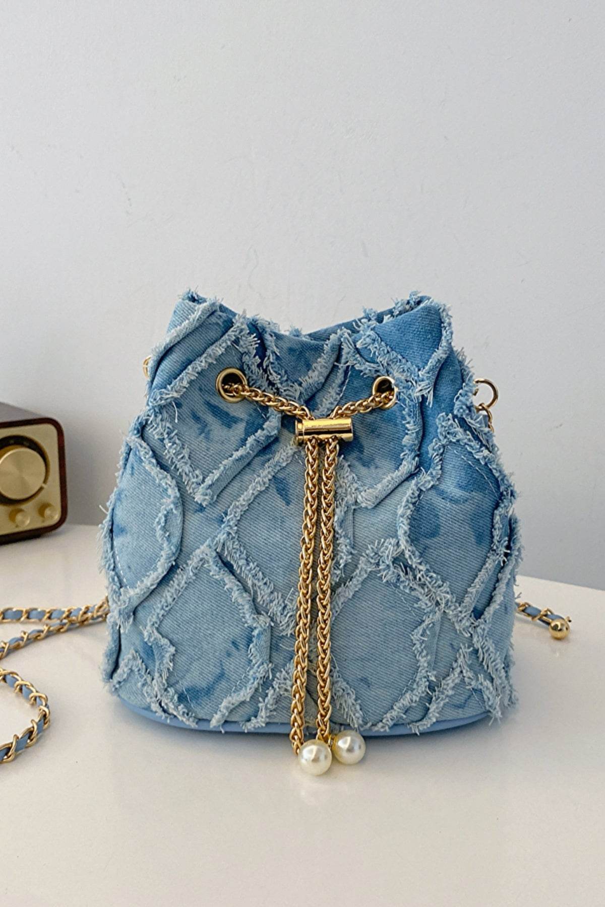 Chain Drawstring Raw Edge Denim Bucket Bag - Hovatok
