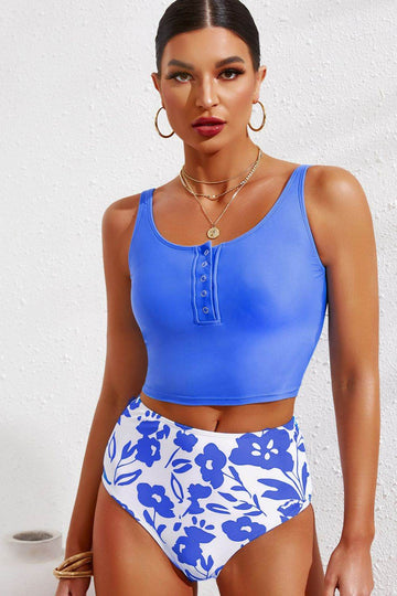 Half Snap Square Neck Tankini Set - Hovatok