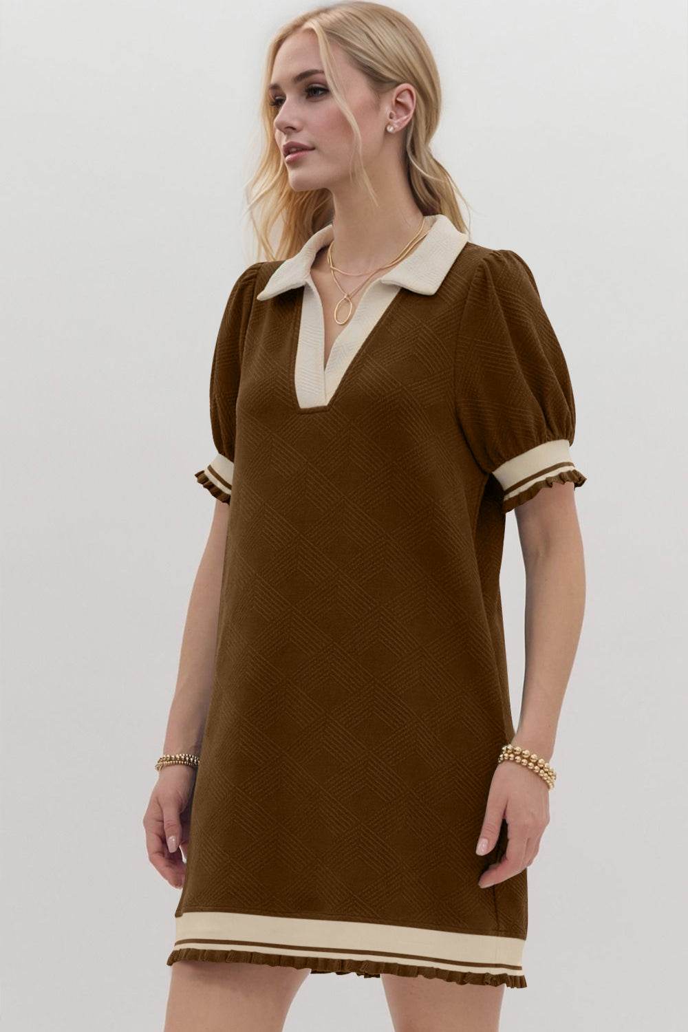 Oh Frill Contrast Trim Johnny Collar Short Sleeve Mini Dress - Hovatok