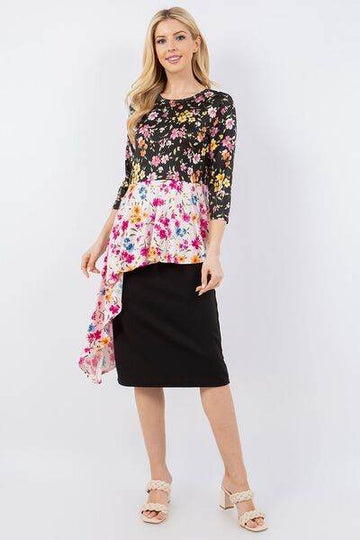Celeste Full Size Floral Asymmetrical Hemline Round Neck Top Plus Size - Hovatok