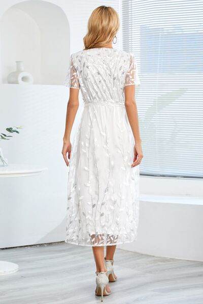 Sequin Leaf Embroidery Tie Front Short Sleeve Dress - Hovatok