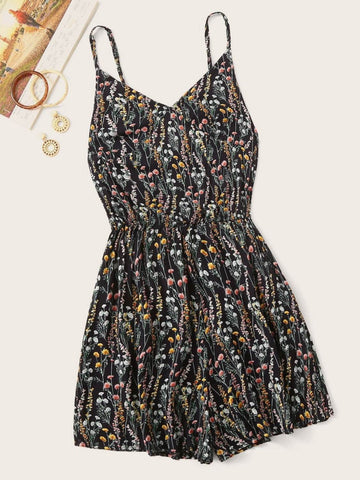 Printed V-Neck Spaghetti Strap Romper - Hovatok