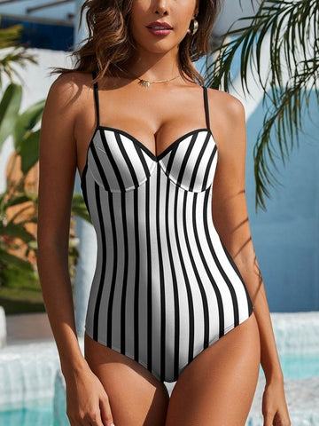 FAM-FAM Striped Spaghetti Strap One-Piece Swimwear - Hovatok