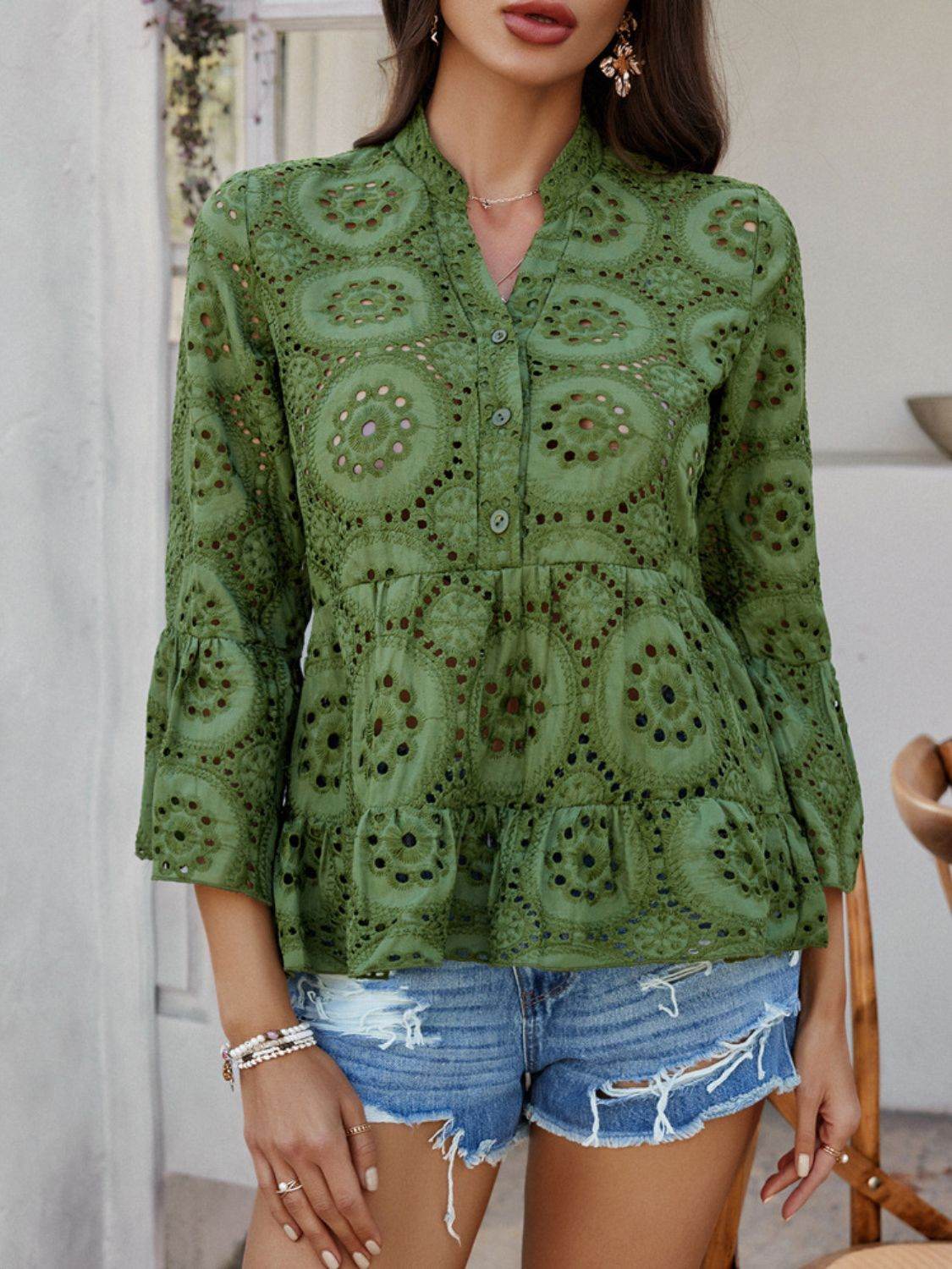 Devine Half Button Flounce Sleeve Peplum Blouse - Hovatok