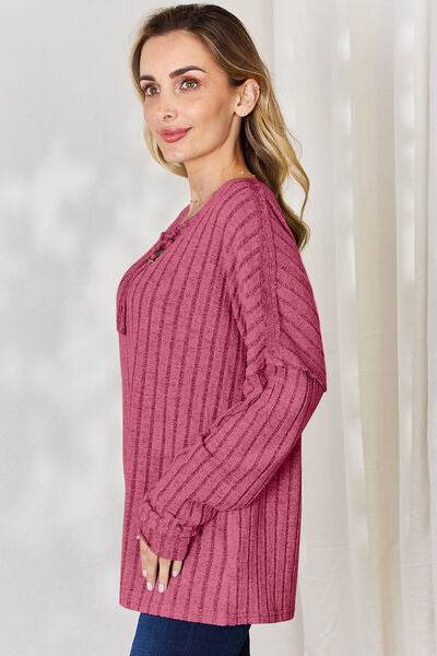 Basic Bae Full Size Ribbed Half Button Long Sleeve T-Shirt - Hovatok
