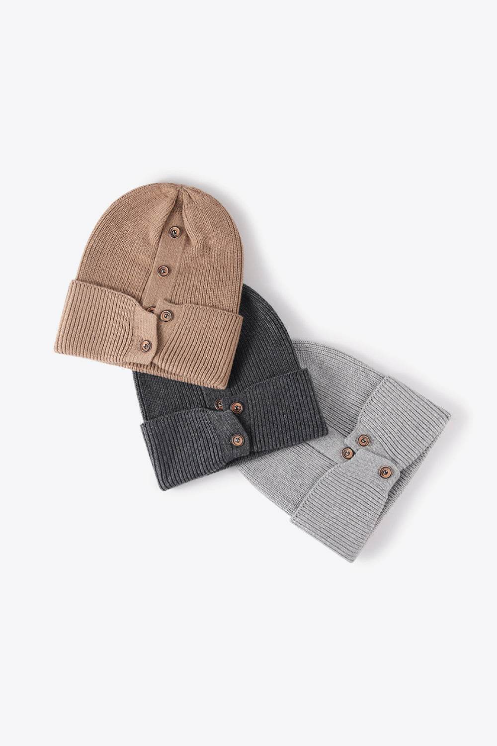Button Detail Rib-Knit Cuff Beanie - Hovatok