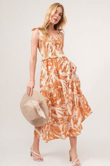 And The Why Tie Shoulder Smocked Midi Tiered Dress - Hovatok