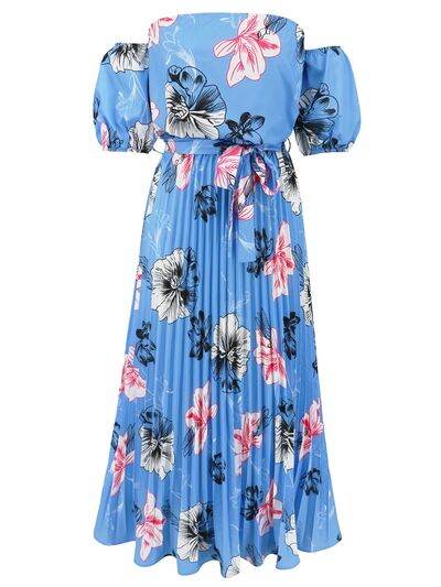 Pleated Floral Off-Shoulder Short Sleeve Midi Dress - Hovatok