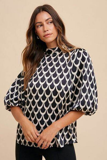 Annie Wear Tie Back Abstract Print Mock Neck Half Sleeve Blouse - Hovatok