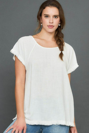 Umgee Full Size Seam Detail Linen Ruffle Fringe Edge Top Plus Size - Hovatok