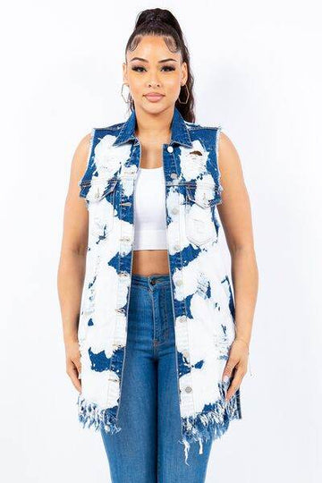 American Bazi Distressed Frayed Edge Longline Denim Vest - Hovatok