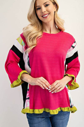 Celeste Full Size Ruffle Sleeve Color Block Top Plus Size - Hovatok