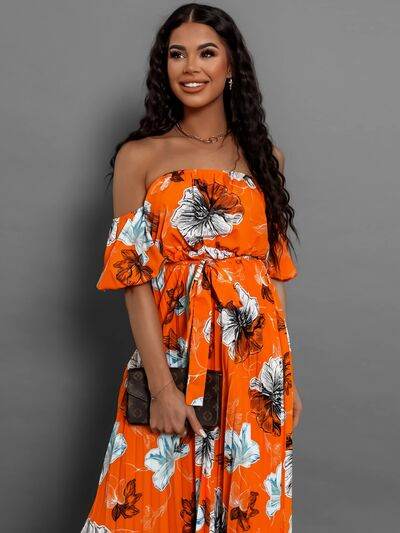 Pleated Floral Off-Shoulder Short Sleeve Midi Dress - Hovatok
