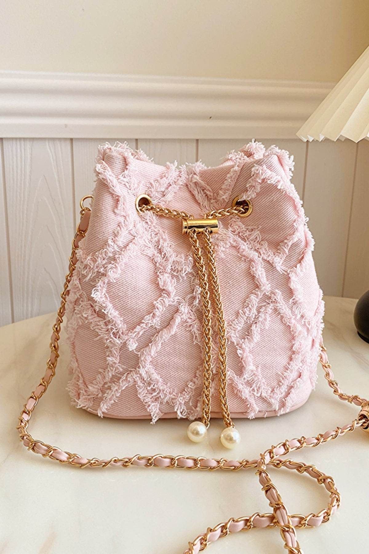 Chain Drawstring Raw Edge Denim Bucket Bag - Hovatok