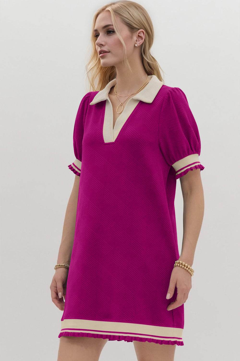 Oh Frill Contrast Trim Johnny Collar Short Sleeve Mini Dress - Hovatok