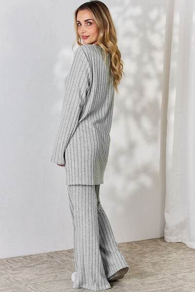 Basic Bae Full Size Ribbed High-Low Top and Wide Leg Pants Set - Hovatok