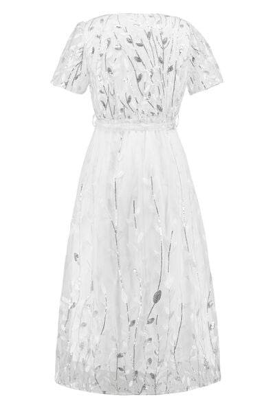 Sequin Leaf Embroidery Tie Front Short Sleeve Dress - Hovatok