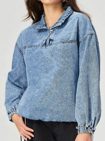 Quarter Zip Collared Neck Denim Top - Hovatok