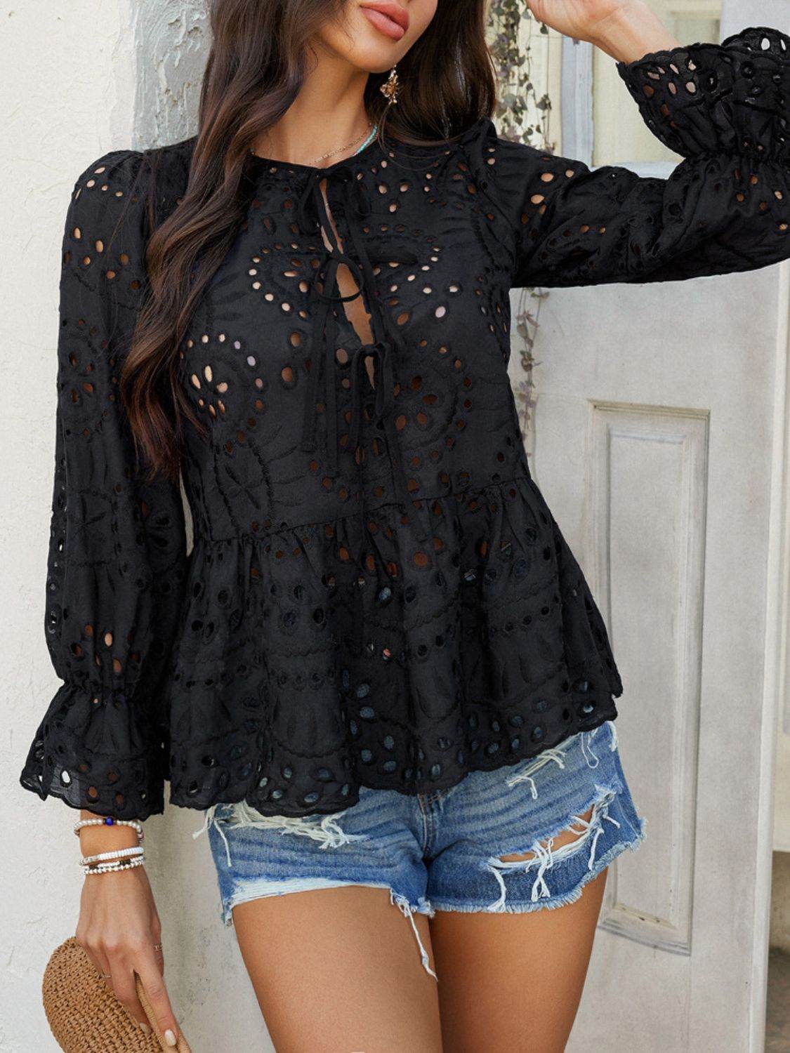 Devine Tie Front Flounce Sleeve Peplum Blouse - Hovatok