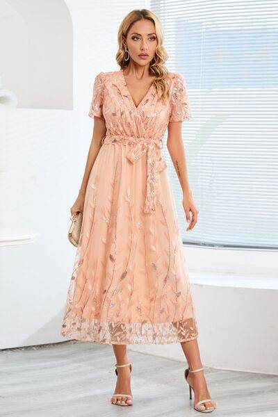 Sequin Leaf Embroidery Tie Front Short Sleeve Dress - Hovatok