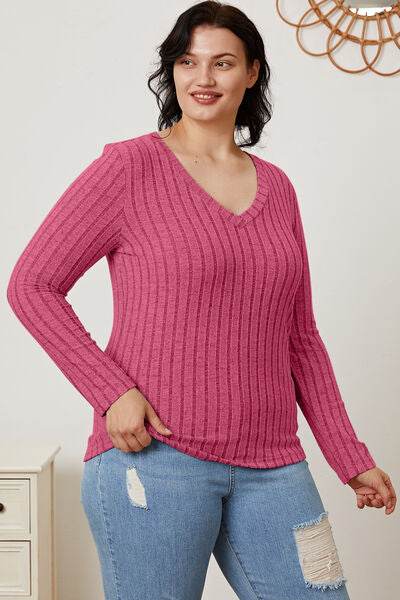 Basic Bae Full Size Ribbed V-Neck Long Sleeve T-Shirt - Hovatok