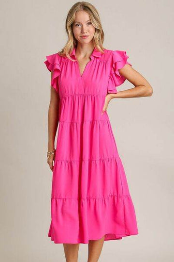 Umgee Full Size Johnny Collar Ruffle Cap Sleeve Tiered Dress Plus Size - Hovatok