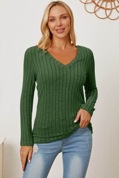 Basic Bae Full Size Ribbed V-Neck Long Sleeve T-Shirt - Hovatok