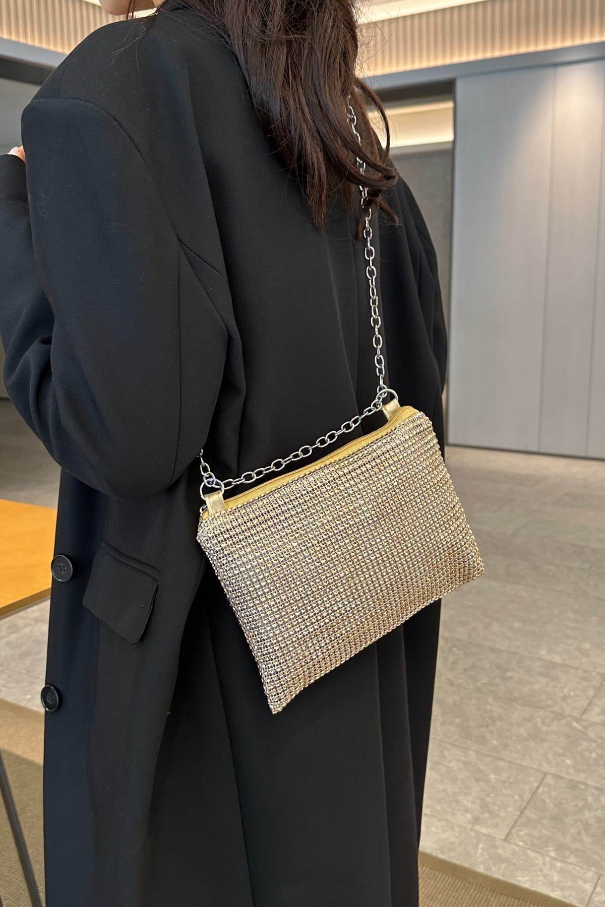 Rhinestone Polyester Chain Crossbody Bag - Hovatok