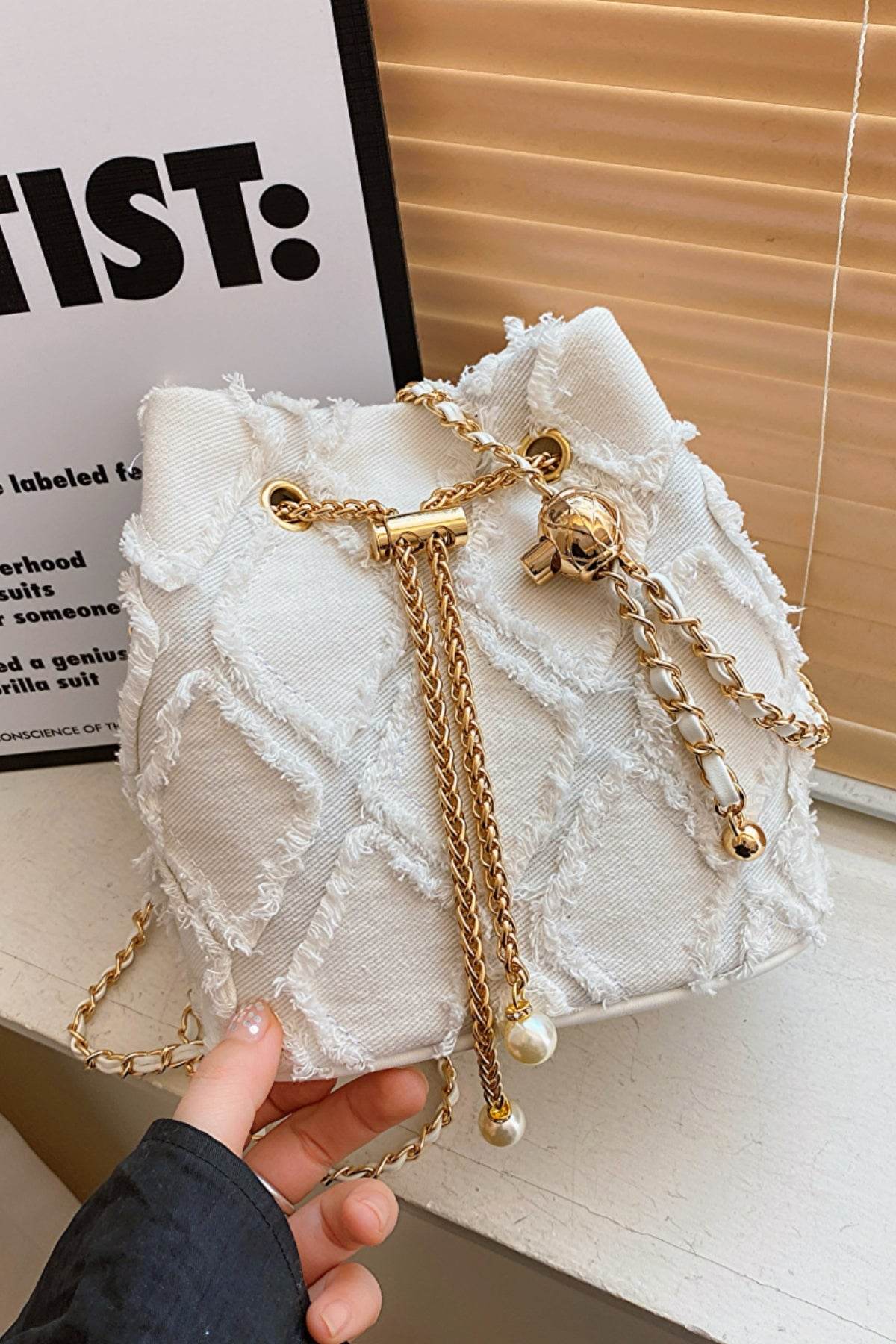 Chain Drawstring Raw Edge Denim Bucket Bag - Hovatok