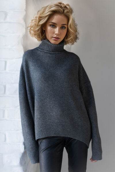 Basic Bae Turtleneck Dropped Shoulder Long Sleeve Sweater - Hovatok
