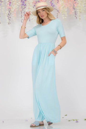 Celeste Full Size Round Neck Short Sleeve Maxi Dress with Pockets Plus Size - Hovatok