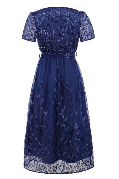 Sequin Leaf Embroidery Tie Front Short Sleeve Dress - Hovatok