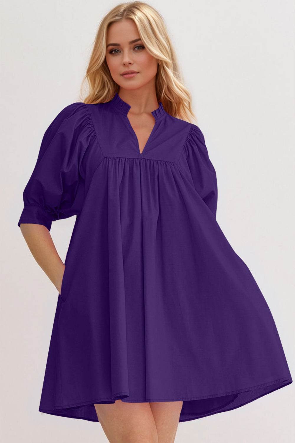 Oh Frill Notched Puff Sleeve Babydoll Mini Dress - Hovatok
