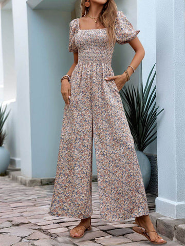 Perfee Ditsy Floral Smocked Square Neck Puff Sleeve Jumpsuit - Hovatok