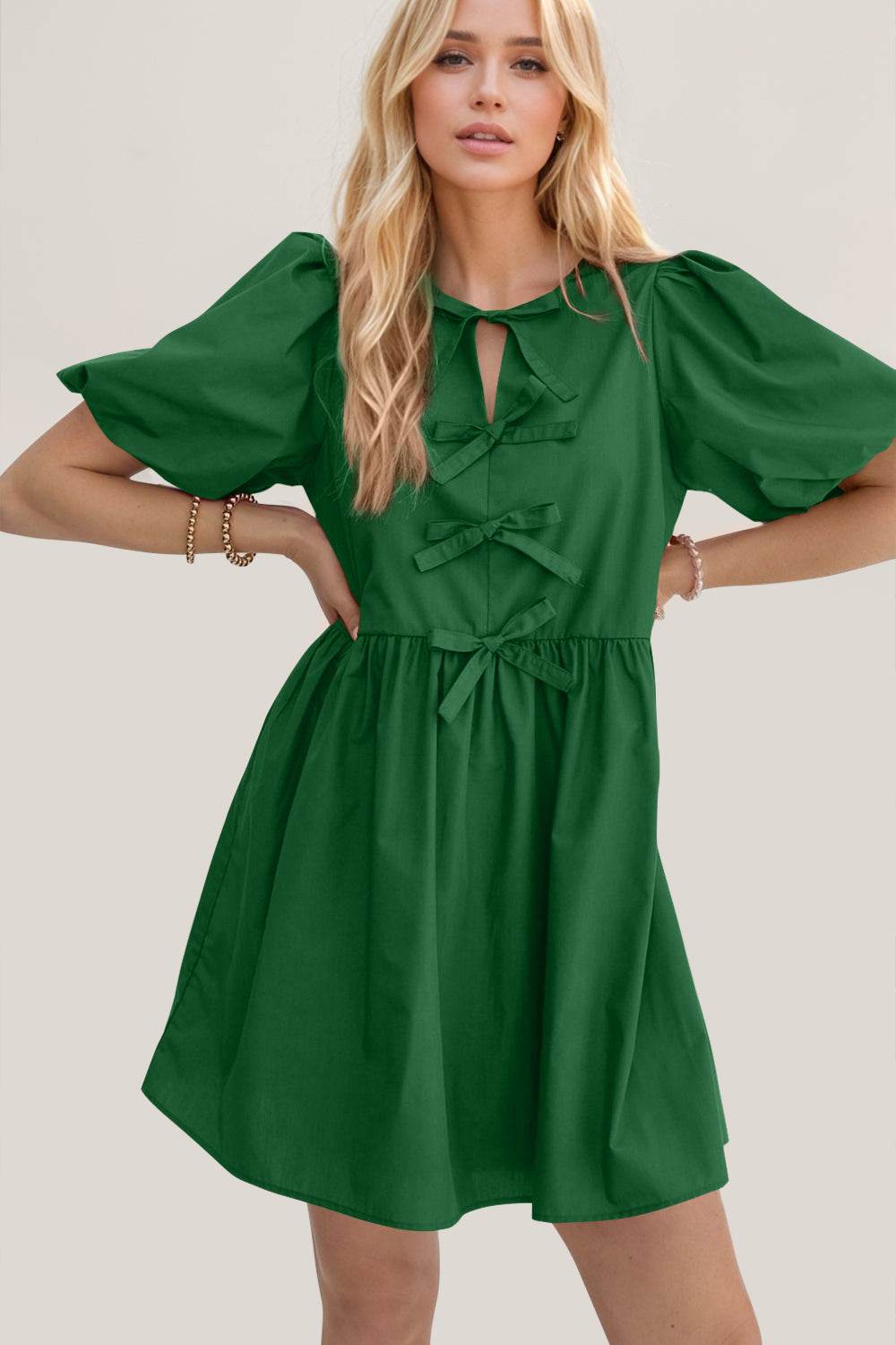 Oh Bow Ruched Puff Sleeve Mini Dress - Hovatok