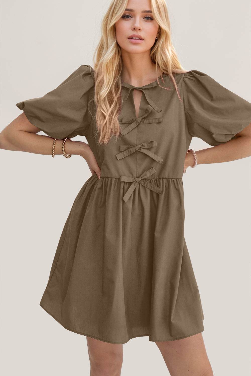 Oh Bow Ruched Puff Sleeve Mini Dress - Hovatok